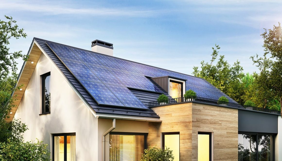 Solar panels on the gable roof of a modern house